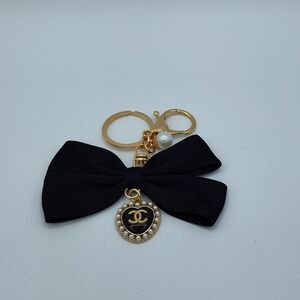 CHANEL Black Pearl Authentic Upcycled Heart Charm Bow Bag Charm Keychain